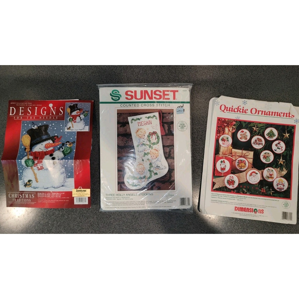 Lot of 3 Vintage Christmas Cross Stitch Kits Chart Janlynn, Sunset, Dimensions